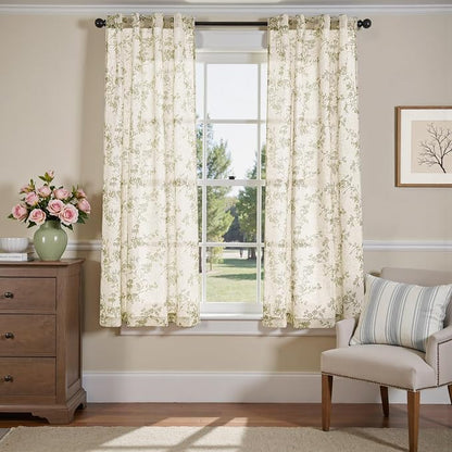 jinchan Green Floral Linen Curtains 63 Inch Farmhouse Back Tab 2 Panels | Green - Image 2