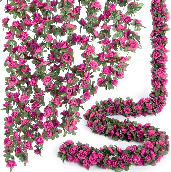 Artificial Flower Garland 8pcs 8.2ft Rose Vine Decor, Magenta Flower | PONKING by PONKING