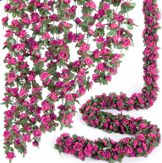 Artificial Flower Garland 8pcs 8.2ft Rose Vine Decor, Magenta Flower | PONKING by PONKING