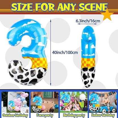 40 Inch Number 3 Balloon Blue Clouds Cartoon Story Balloons Toy Inspired Story - Image 2
