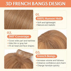 Benehair Clip in Bangs 100% Real Human Hair Extensions 360° Cover Clip on 3D Wispy Bangs for Women Topper Hairpieces for Women Light Brown
