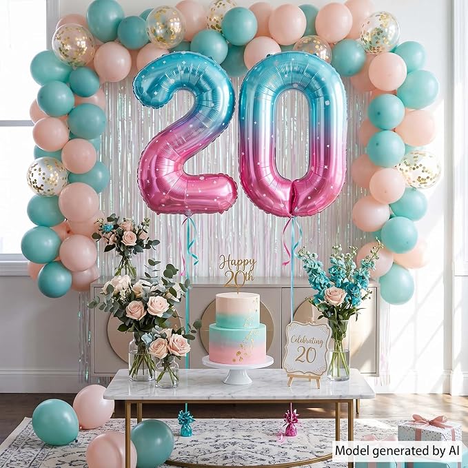 40 Inch Blue Pink Number 20 Balloon, Ombre Foil 20th Birthday Party Decor | - Image 3
