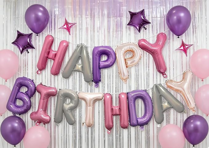 Pink Purple Happy Birthday Balloons Banner Sign Mylar letter Party decor | - Image 5