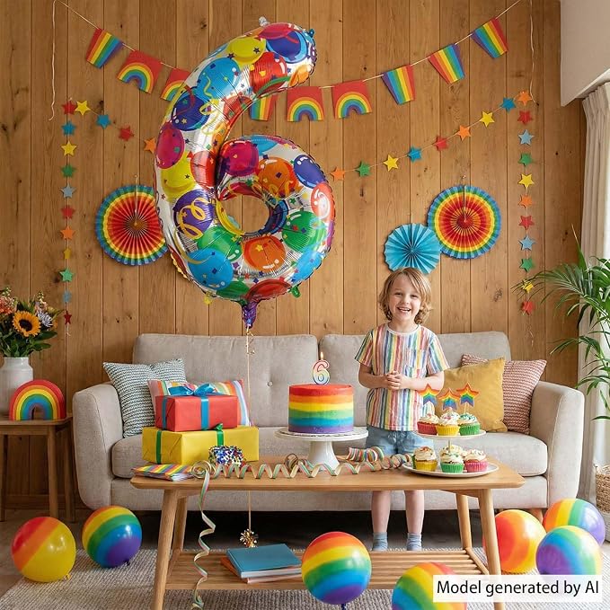 40 Inch Rainbow Number 6 Balloon, Large Colorful Foil Mylar Number 6 Helium - Image 3