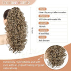 Flufymooz 100％ Pure Protein Ponytail Extension, 18 Inch Curly Claw Clip Ponytail Hair Extensions Natural Soft pony tail hairpiece for women-Ash Brown