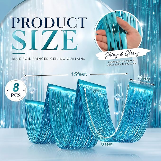 8 Pcs Light Blue 15ft Metallic Foil Ceiling Fringe Curtains - Image 2
