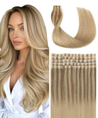 SURNEL Injected Tape in Hair Extensions Golden Brown to Caramel Blonde Seamless Tape in Real Human Hair Invisible Extensions 16Inch 20pcs/pack 35g(#102727,16)