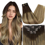 Full Shine Hair Extensions Clip ins Long Ombre Dark Brown to Light Brown Highlights Caramel Blonde Natural Hair Extensions Human Hair 120 G 7 Pcs