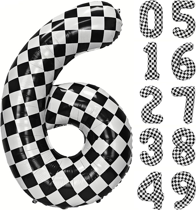 40In Black White Checkered Number 6 Balloon Race Car Digital Foil 6 Balloon | by YOIOZAIZAI