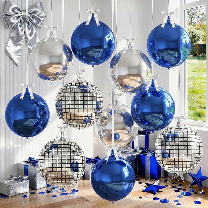 9 Pcs Blue Silver Round Foil Balloons Dark Navy Blue Metallic Silver Disco 4D by Froova