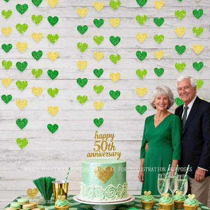 Gold and Green Heart Party Decorations Glitter Paper Love Heart Hanging Banner - Image 8
