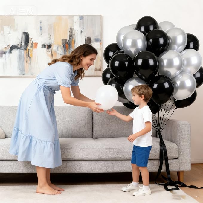 Black Silver Balloons 60Pcs 12 Inch Latex Balloon Set - Image 4