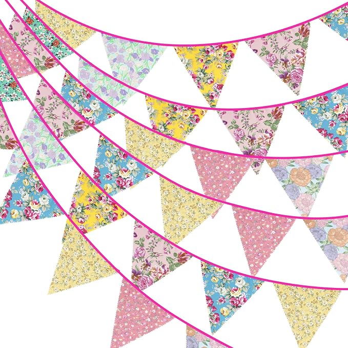 G2PLUS 39Ft Triangle Bunting Banner, Floral Cotton Pennant Banner, Tea Party by G2PLUS