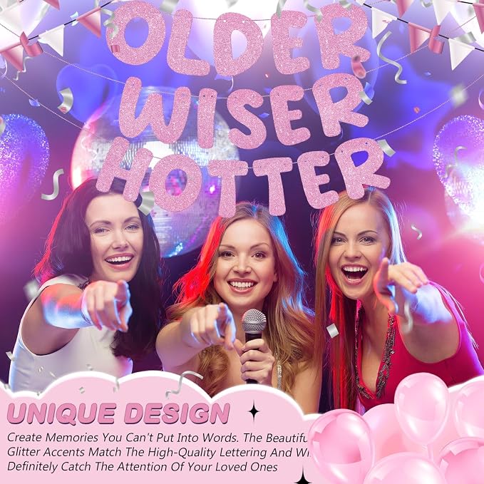 Fulmoon Set of 3 Pre Strung Older Wiser Hotter Glitter Banner Funny Birthday - Image 5