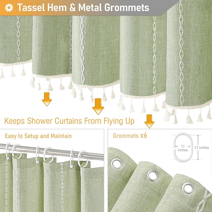 Small Boho Linen Heavy Duty Cloth Shower Curtain, Sage Green | Stall Size - Image 5