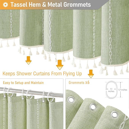 Small Boho Linen Heavy Duty Cloth Shower Curtain, Sage Green | Stall Size - Image 5