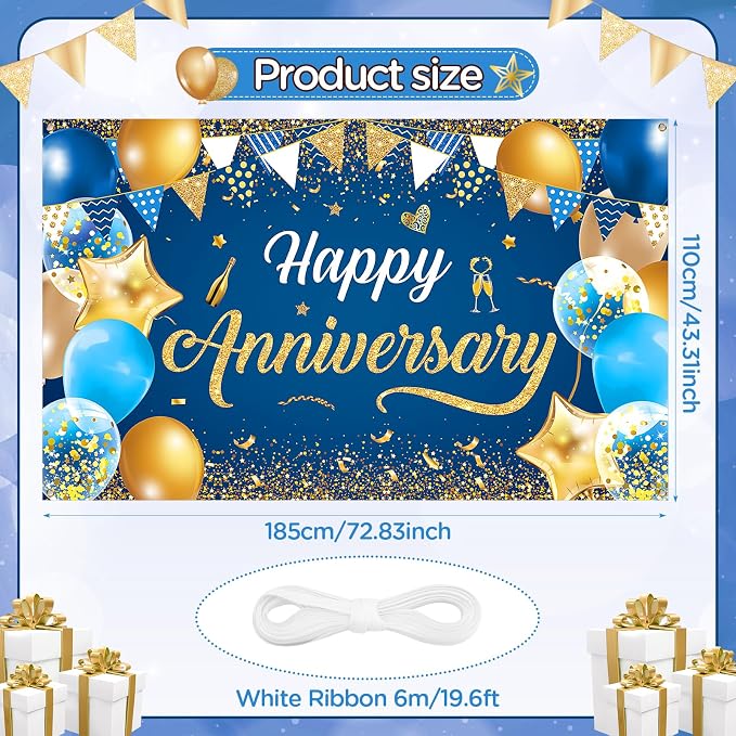 Blue & Navy Blue Gold Happy Anniversary Banner & Backdrop | Happy Anniversary - Image 7