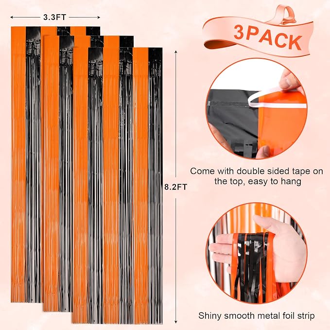 Voircoloria Black Orange Foil Fringe Backdrop Curtains, 3 Pack | Tinsel - Image 3