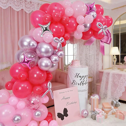 Hot Pink Balloons Garland Arch Kit, Metallic Chrome Magenta Balloon Happy - Image 2