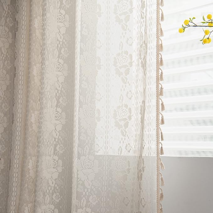 Sutuo Home Beige Boho Curtains for Bedroom Kid's Room, Bohemian Crochet Floral - Image 6