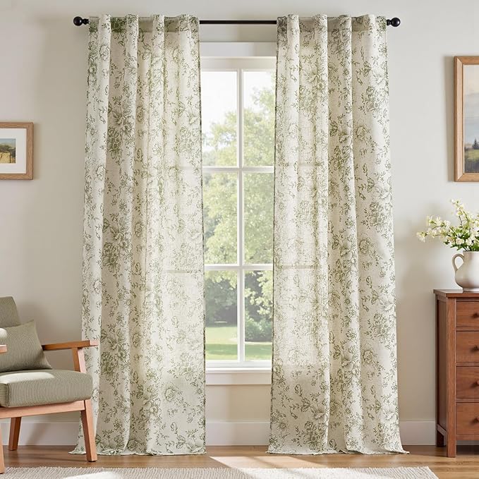 jinchan Green Floral Linen Curtains 96 Inch Farmhouse Back Tab 2 Panels | Light by JINCHAN