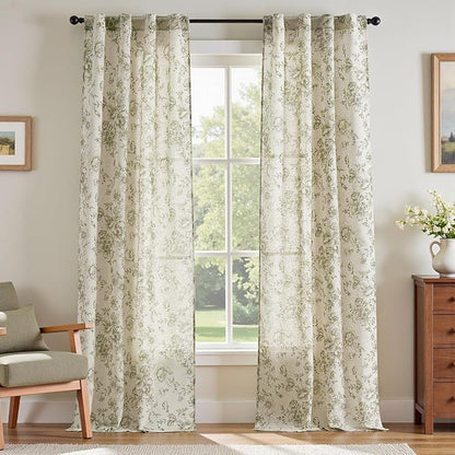 jinchan Green Floral Linen Curtains 96 Inch Farmhouse Back Tab 2 Panels | Light by JINCHAN