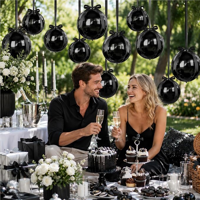 Black Round Foil Balloons with Satin Bows and Ribbon - Image 8