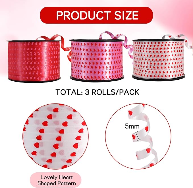 BEISHIDA Heart Printed Ribbon, Balloon String 3 Rolls 100 Yards - Image 3