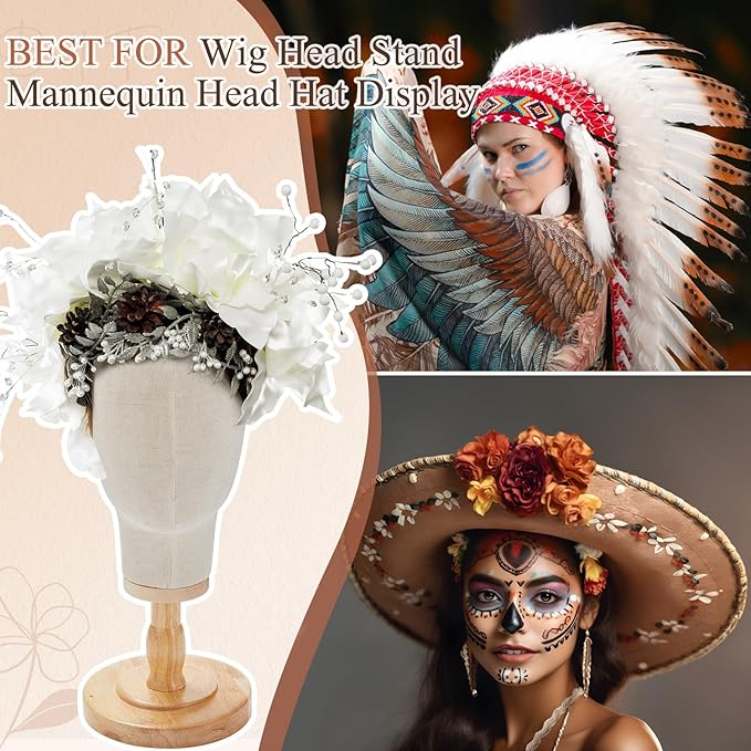 2 Pcs Wig Stand with Head 23 Inch Linen Mannequin Head with Wooden Stand Canvas Mannequin for Hats Wigs Caps Headdress Home Store Hair Salon(Beige)