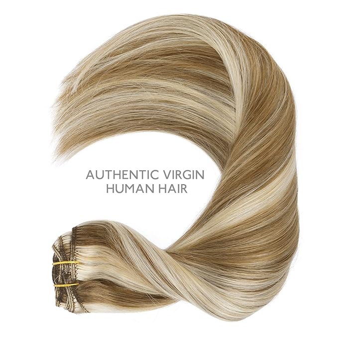 WENNALIFE Hair Extensions Clip In, 9pcs 14inch 150g Ash Brown Highlighted Golden Blonde Thicker Clip In Hair Extensions Real Human Hair Remy hair extension Double Weft Clip in Human Hair Extensions
