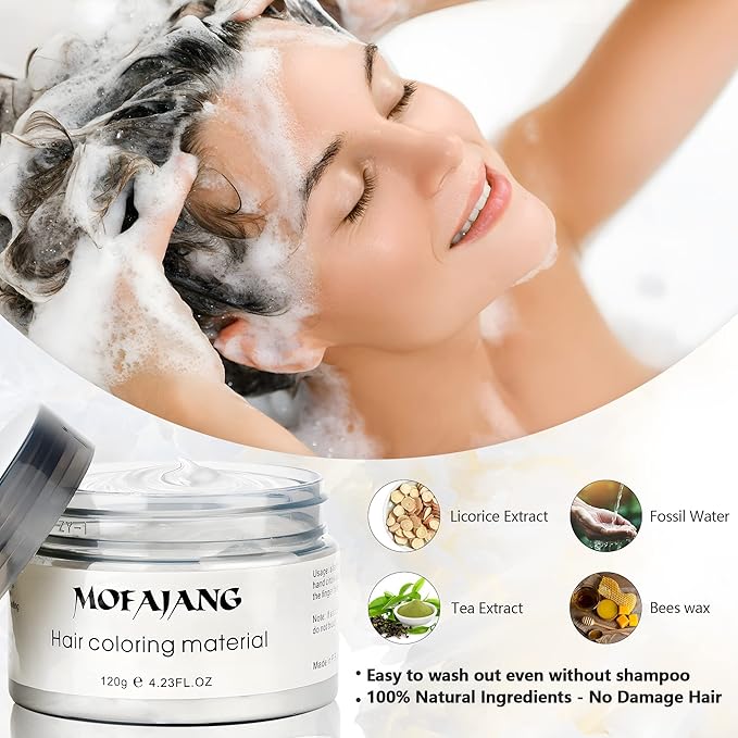 White Hair Color Wax Pomades 4.23 oz - Natural Hair Coloring Wax Material Disposable Hair Styling Clays Ash for Cosplay, Party (White)