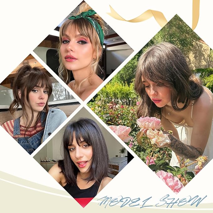 Clip In Bangs for Women, Moca Brown French Bangs Hair Clip with Temples, 100% Real Human Hair Layered Curved Fringe for Halloween and Daily Use(Moca Brown, French Bangs)