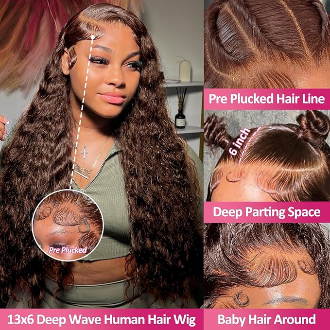 Chocolate Brown 13x6 Lace Front Wigs Human Hair 200 Density Deep Wave HD Lace Front Wigs Curly Glueless Wigs Pre Plucked 13x6 Frontal Human Hair Wigs for Women (26 Inch)