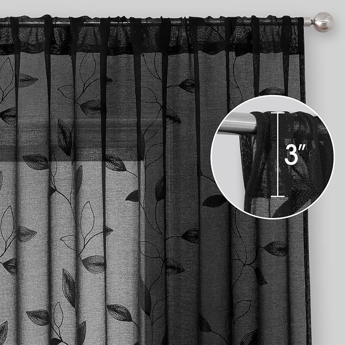 HOMEIDEAS Black Sheer Curtains 2 Panels, Embroidered Leaf Gothic, W52 x L96 | - Image 5