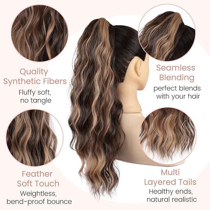 Claw Clip Ponytail Extension 18 Inch Curly Wavy Ponytail Extension Jaw Clip on Pony Tails Hairpiece for Women Fluffy Natural Synthetic for Daily Use (Dark Brown Mixed Honey Brown)