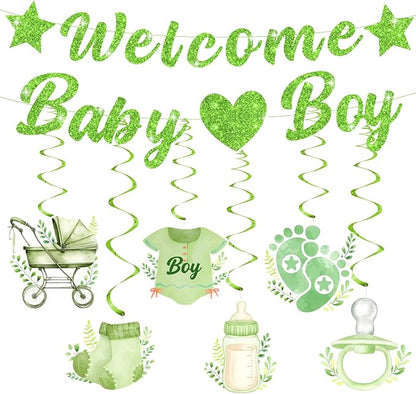 Green Baby Shower Decorations for Boys Glitter Greenery Welcome Baby Boy Banner by Peconal