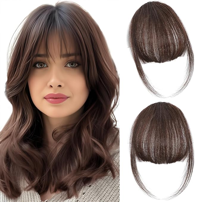 Clip in Bangs 100% Real Human Hair, Wispy Bangs Hair Clip, Fake Bang Fringe with Temples Hairpieces for Women Daily Wear (Medium Brown, Wispy Bangs)
