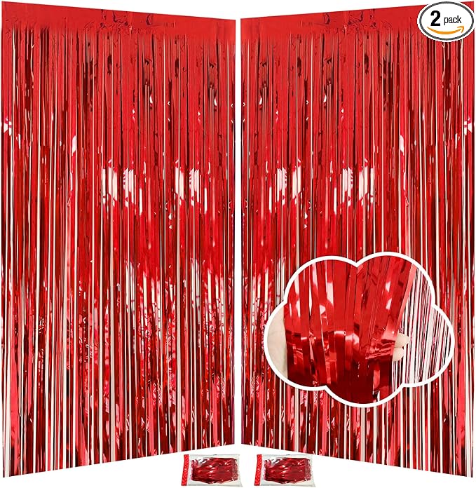 JINSUI Red Fringe Backdrop 3.3x8.2ft, 2 Pack Tinsel Curtains Party Decor | by JINSUI