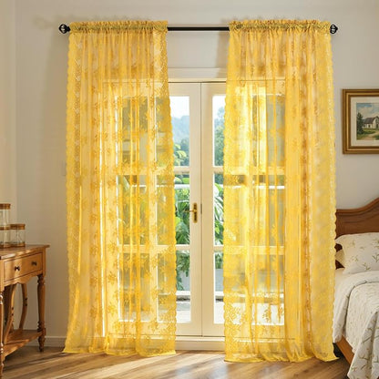 Kotile Mustard Yellow Sheer Lace Curtains - Image 2