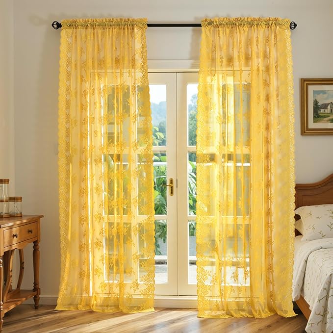 Kotile Mustard Yellow Sheer Lace Curtains - Image 6