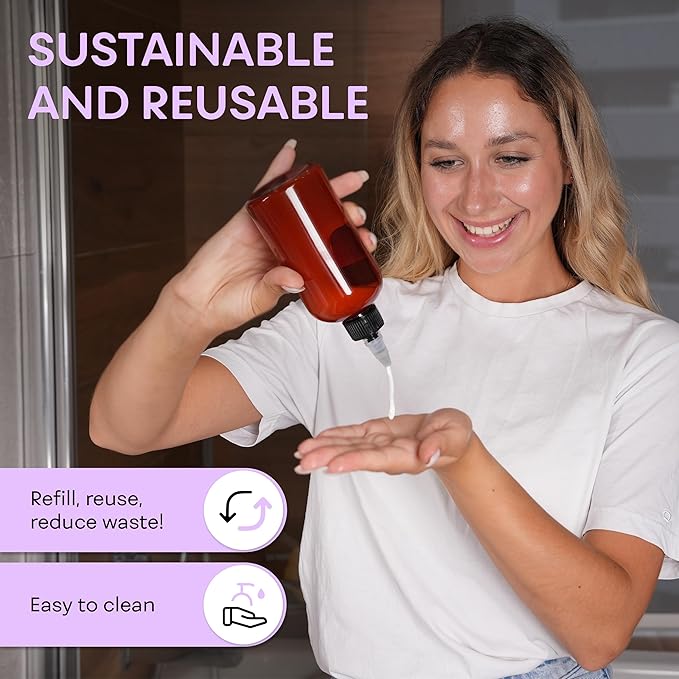 BRIGHTFROM Twist Top Applicator Bottles, 8 OZ Amber, Squeeze Empty Round Plastic Bottles, BPA-Free, PET, Refillable, Open/Close Nozzle (Black) - Multi Purpose (Pack of 2)