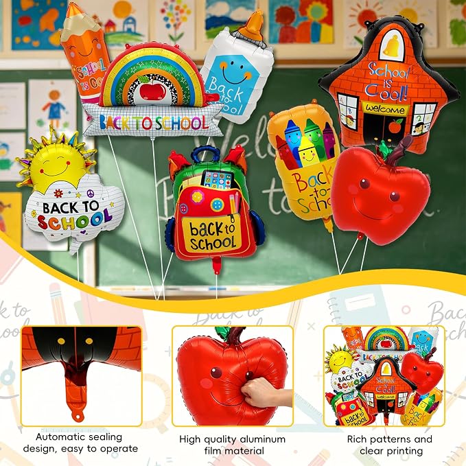 8PCS Back to School Balloons Set, Apple School Backpack Pencil Rainbow Crayon - Image 3