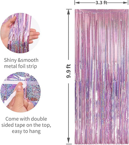 Crosize 4 Pack Laser Pink Party Streamers Backdrop, 3.3 x 9.9 ft | Tinsel Foil - Image 2