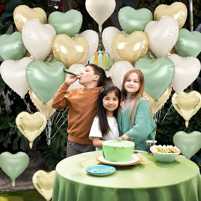 Sage Green Gold Heart Balloons, 18Inch Green Cream White Heart Helium Foil - Image 3