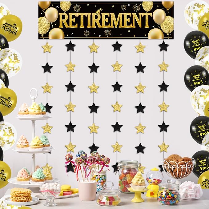 Blosssound Retirement Party Decoration Happy Black Gold Retirement Door Banner - Image 6
