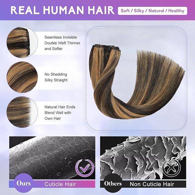Clip in Hair Extensions Real Human Hair, 22 Inch 110g, 2/6 Dark Brown to Chestnut Brown, Invisible Seamless Remy Human Hair Clip in Extensions for Women 8pcs Per Set with Double Weft