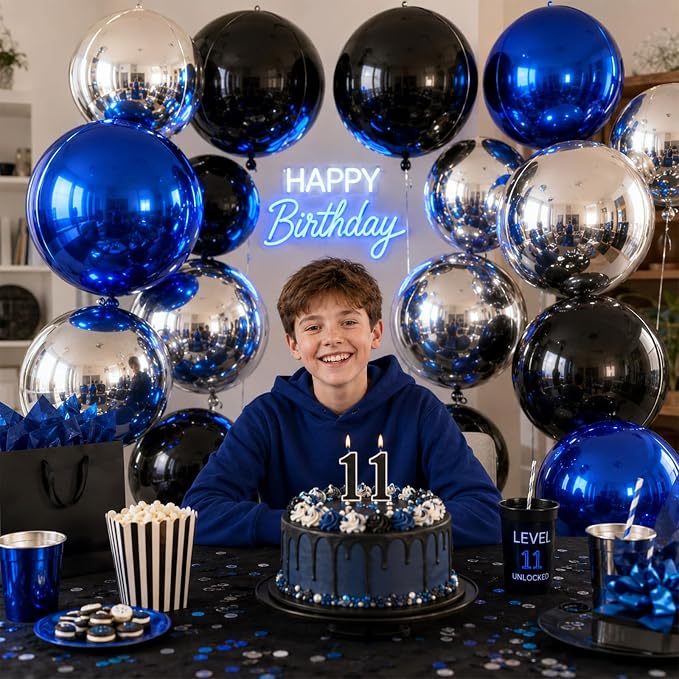 Blue Silver Black Round Balloons Foil, Metallic Blue Silver Balloons - Image 4
