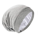Silk Satin Lined Bonnet Sleep Cap - Adjustable Stay on All Night Hair Wrap Cover Slouchy Beanie for Curly Hair Protection for Women and Men - Solid Light Grey