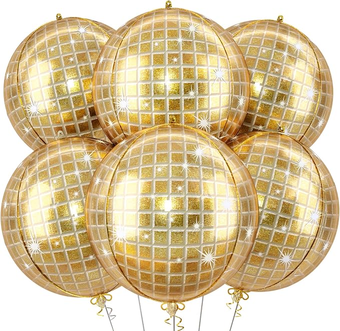 6pcs 22 Inch Gold Disco Ball Balloons, Shiny Gold Big Disco Balloons, 4D Large by Paready