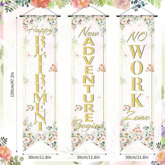 3Pcs Retirement Porch Sign Door Hanging Banner Floral Happy Retirement Banner - Image 2